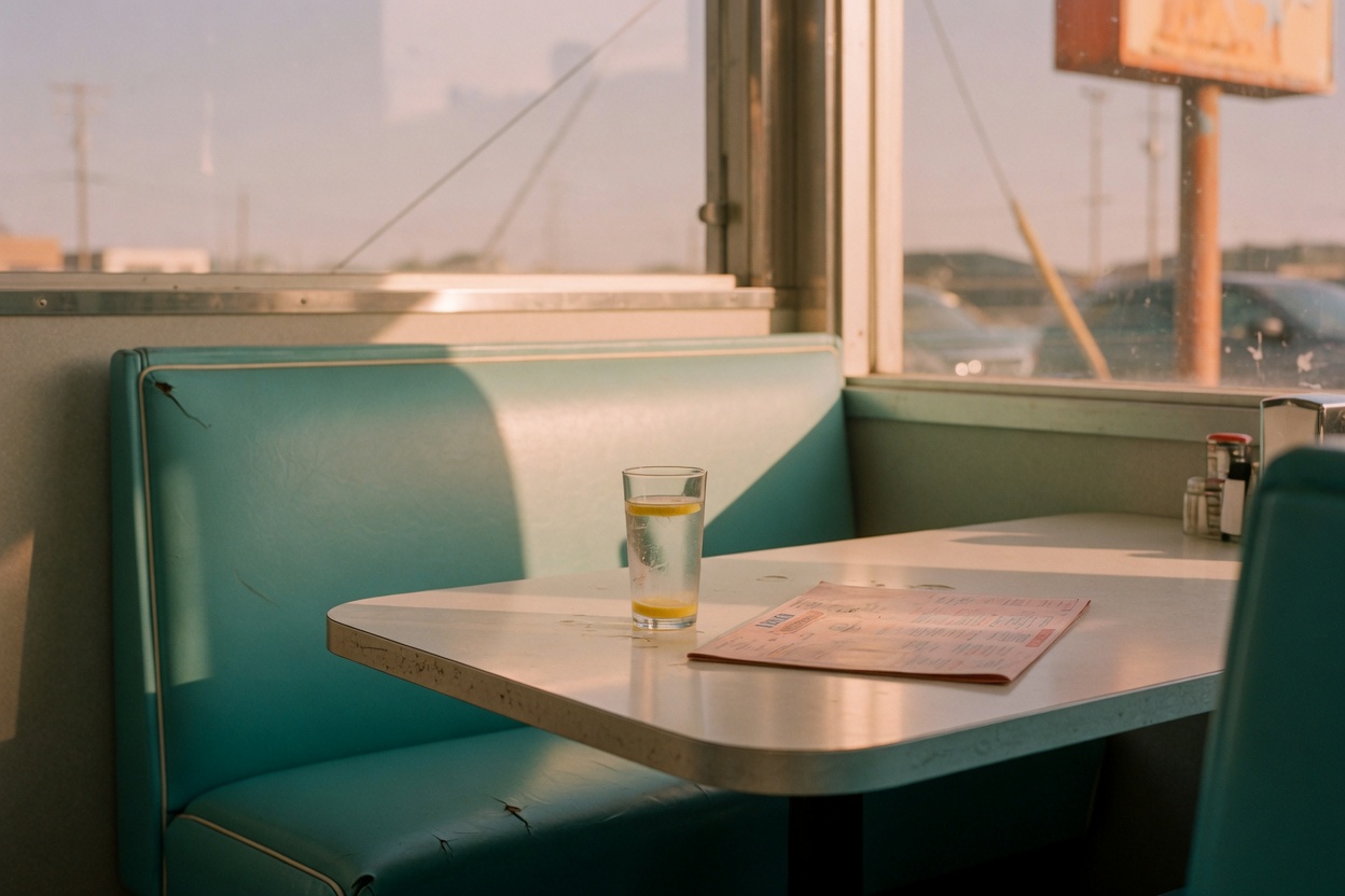 An empty turquoise diner booth with a glass of water and a menu in late sun
