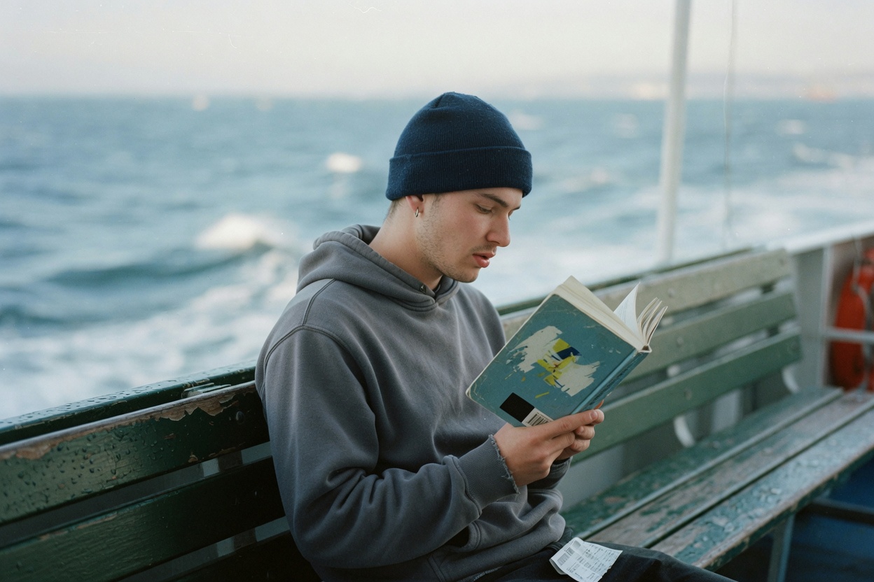 A young man in a beanie reading on a ferry bench, with the sea behind him