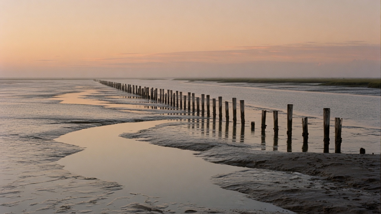 A line of wooden posts across tidal flats at dusk, reflected in shallow water