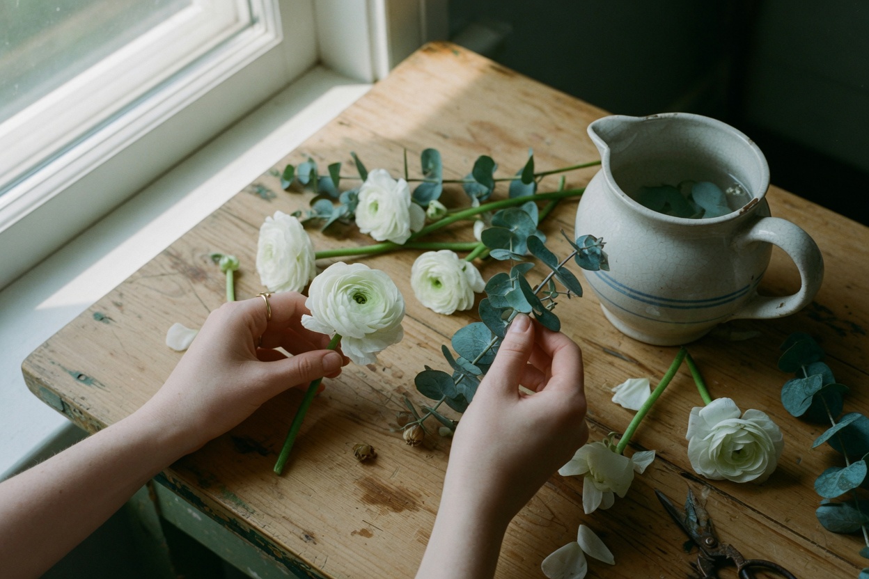 Hands arranging white flowers and eucalyptus on a worn wooden table