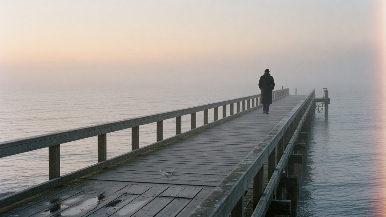 A person in a dark coat walking to the end of a wooden pier in morning fog