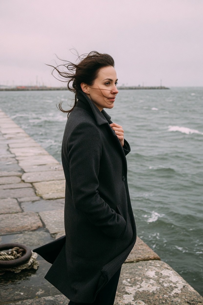 A woman in a dark wool coat standing on a stone quay, hair lifted by the wind