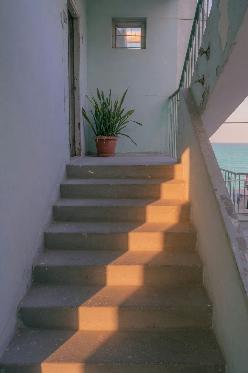 Sunlight across concrete stairs, with a potted plant on the landing and the sea beyond